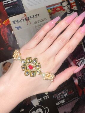 Gold-Tone Floral Kundan Bracelet with Pink Accents